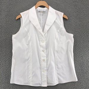Calvin Klein Top Womens 10 White Sleeveless Collar Button No Iron Wrinkle Free